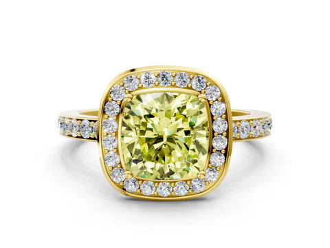 Yellow gold Fancy Yellow Cushion Cut Diamond Halo Ring with Bezel Frame and Pavé Band
