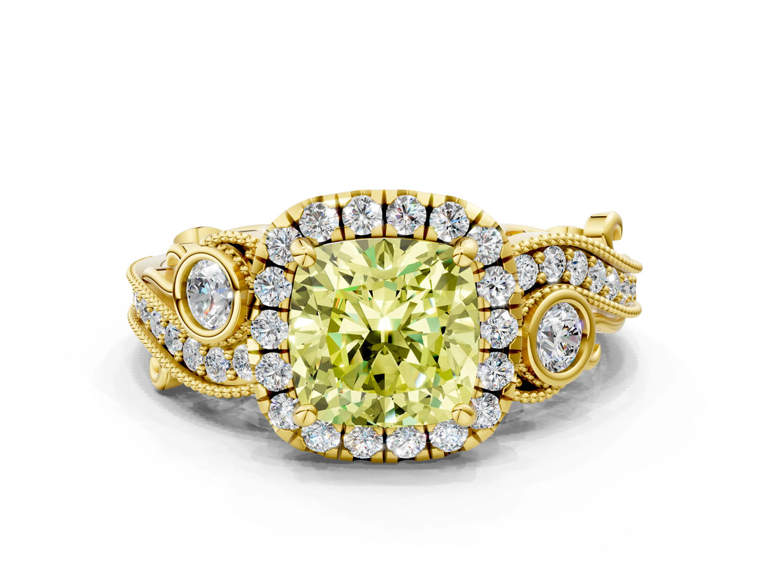 Yellow gold Fancy Yellow Cushion Cut Diamond Halo Ring with Milgrain Pavé Band and Four-Prong Setting_70