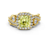 Yellow gold Fancy Yellow Cushion Cut Diamond Halo Ring with Milgrain Pavé Band and Four-Prong Setting_70