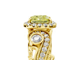 Yellow gold Fancy Yellow Cushion Cut Diamond Halo Ring with Milgrain Pavé Band and Four-Prong Setting_75