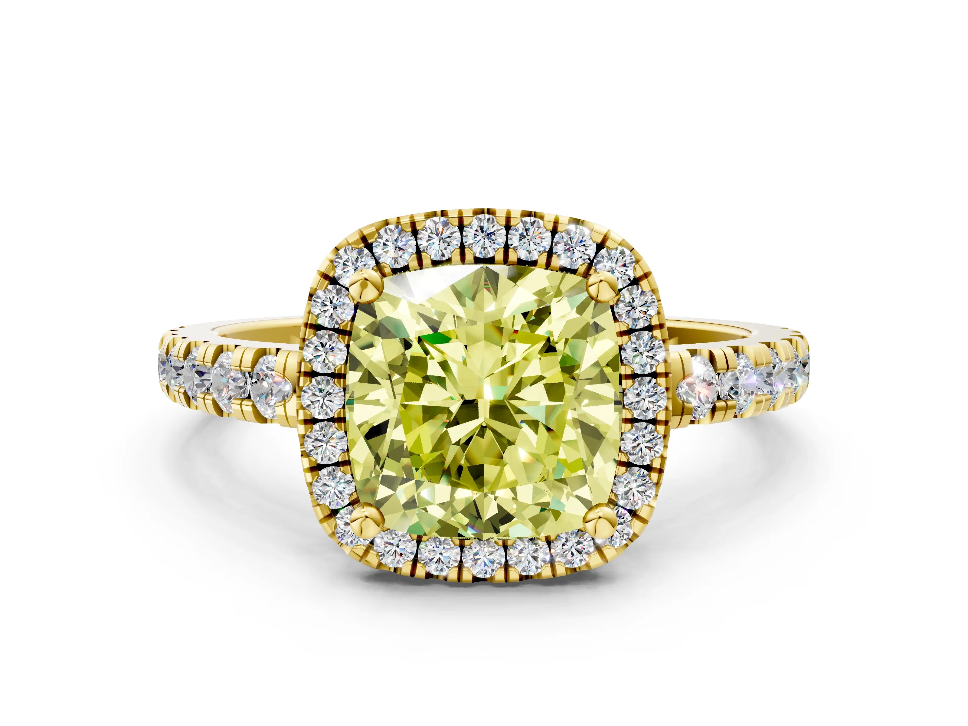 Yellow gold Fancy Yellow Cushion Cut Diamond Halo Ring with Pavé Band and Four-Prong Setting