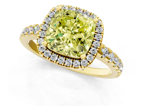 Yellow gold Fancy Yellow Cushion Cut Diamond Halo Ring with Pavé Band and Four-Prong Setting_1