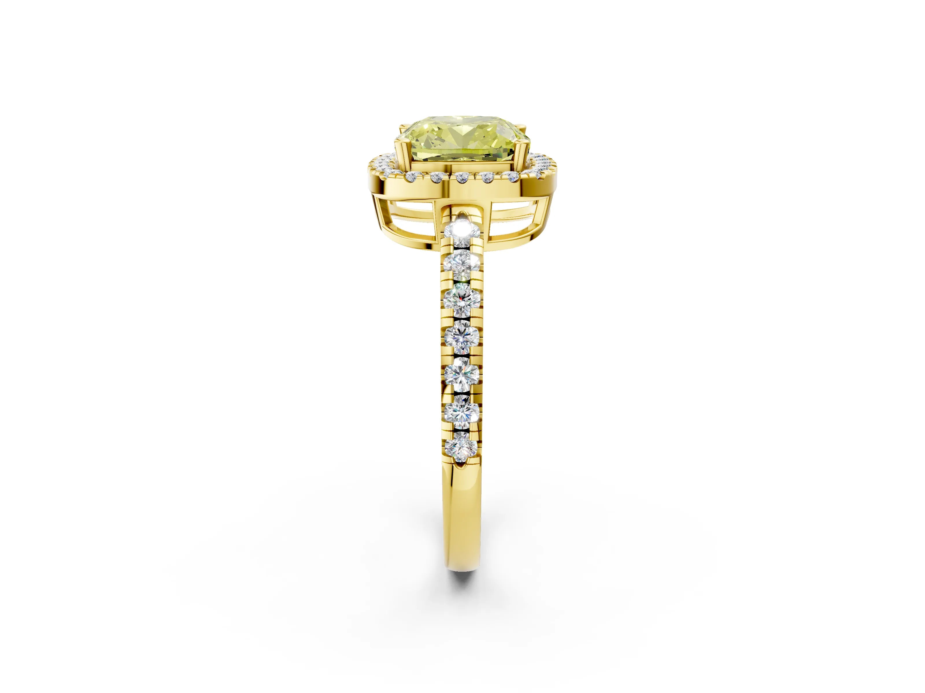 Yellow gold Fancy Yellow Cushion Cut Diamond Halo Ring with Pavé Band and Four-Prong Setting_2