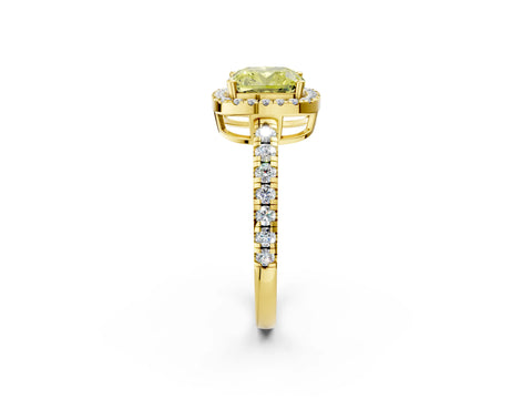Yellow gold Fancy Yellow Cushion Cut Diamond Halo Ring with Pavé Band and Four-Prong Setting_2
