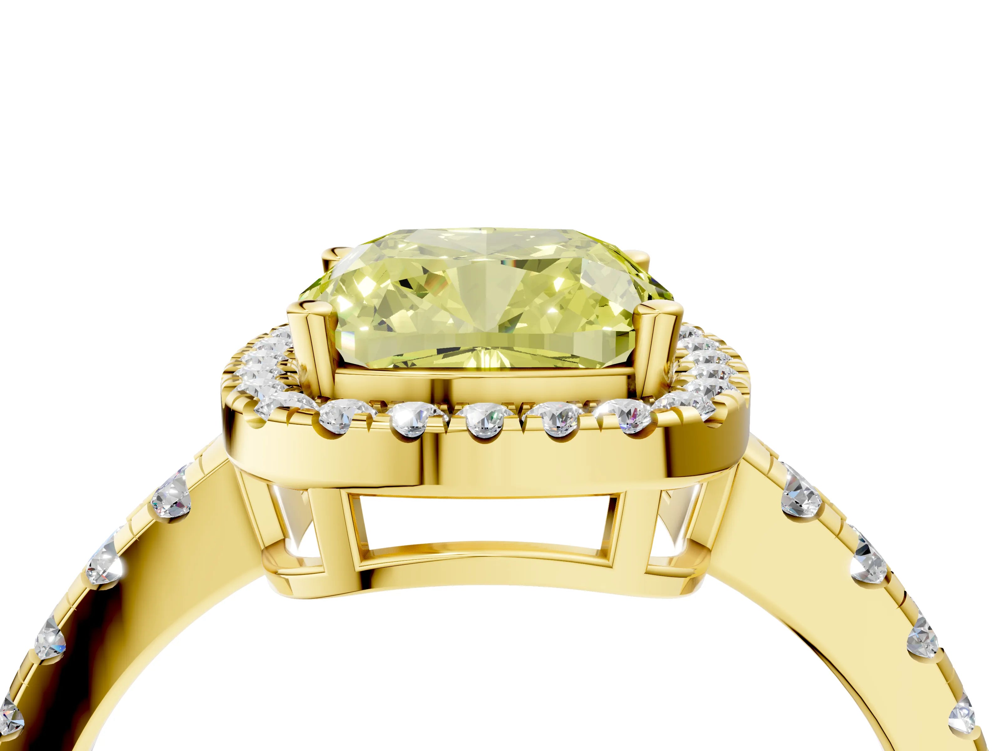Yellow gold Fancy Yellow Cushion Cut Diamond Halo Ring with Pavé Band and Four-Prong Setting_4