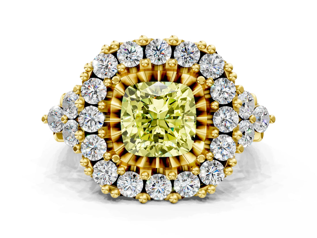 Yellow gold Fancy Yellow Cushion Cut Diamond Halo Ring with Pavé Band and Four-Prong Setting_40