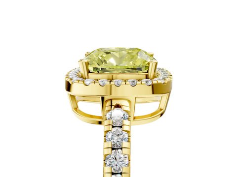 Yellow gold Fancy Yellow Cushion Cut Diamond Halo Ring with Pavé Band and Four-Prong Setting_5