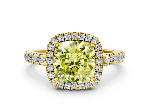 Yellow gold Fancy Yellow Cushion Cut Diamond Halo Ring with Pavé Band and Four-Prong Setting