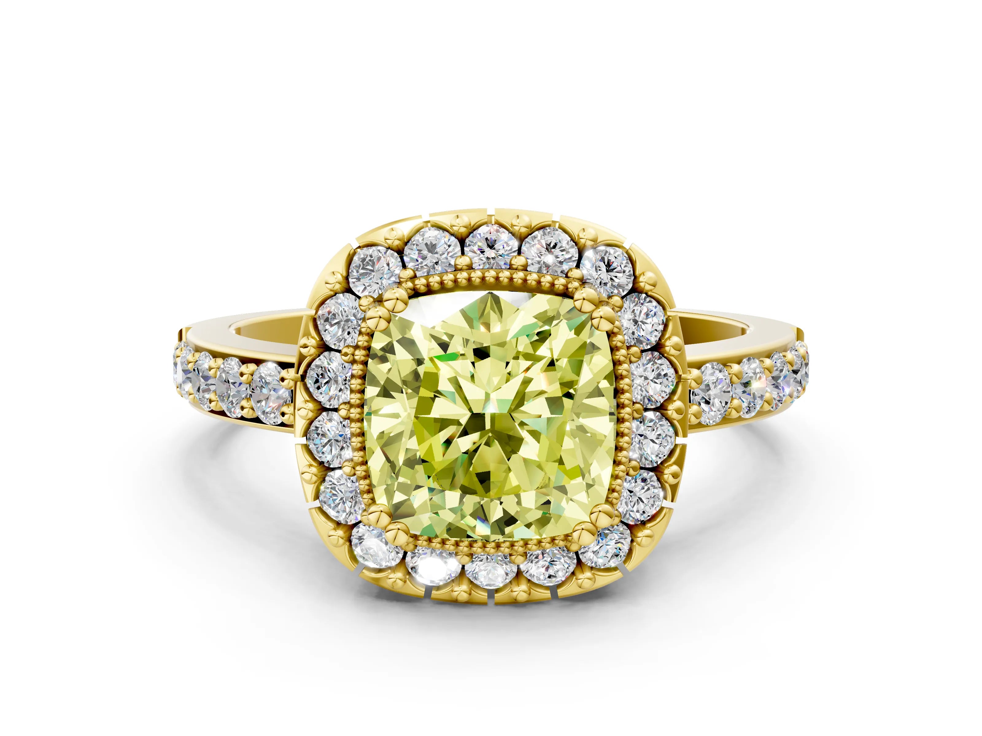 Yellow gold Fancy Yellow Cushion Cut Diamond Halo Ring with Pavé Band and Prong Setting