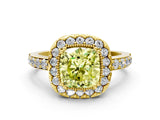 Yellow gold Fancy Yellow Cushion Cut Diamond Halo Ring with Pavé Band and Prong Setting