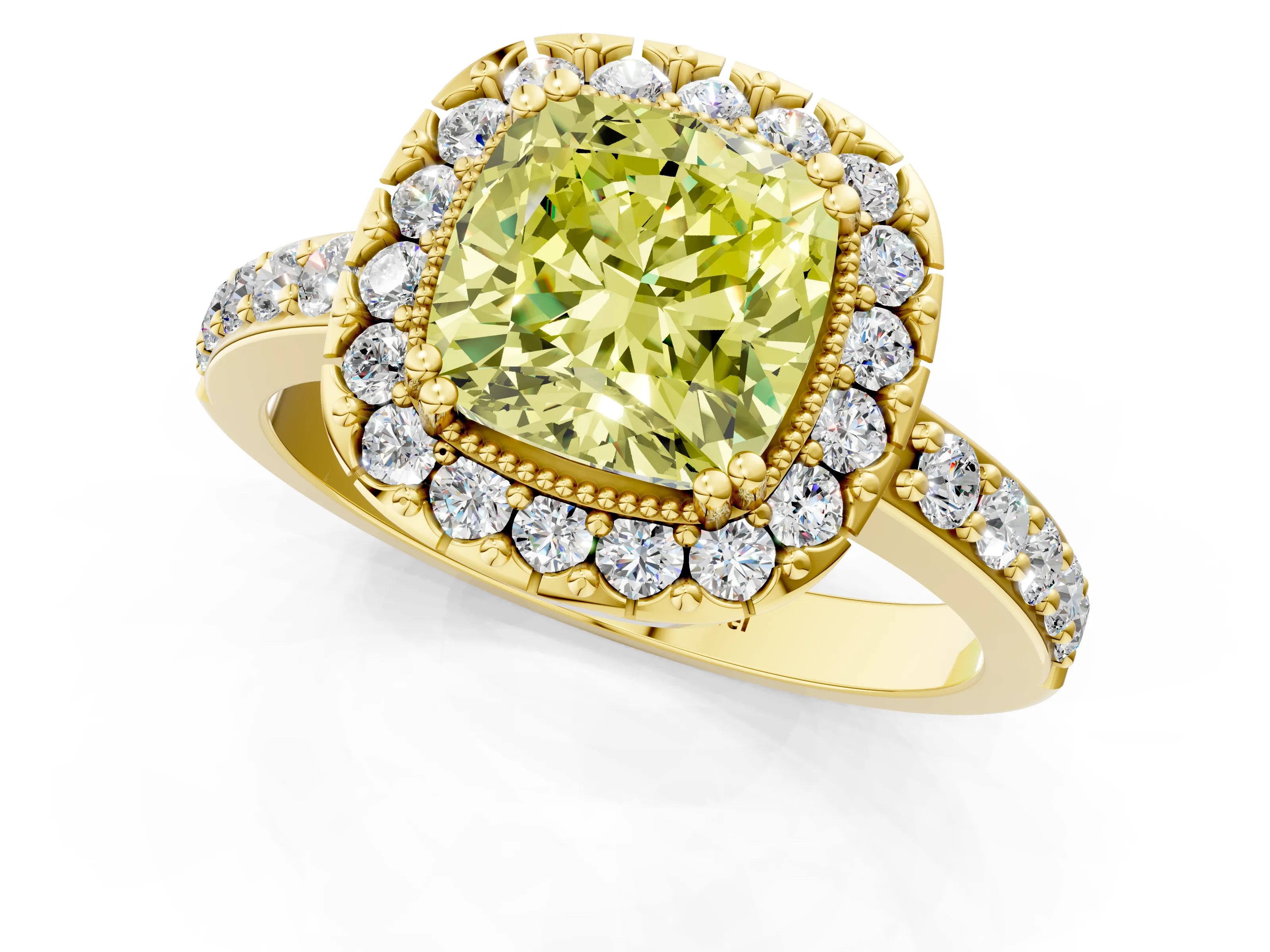 Yellow gold Fancy Yellow Cushion Cut Diamond Halo Ring with Pavé Band and Prong Setting_1