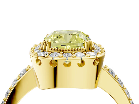Yellow gold Fancy Yellow Cushion Cut Diamond Halo Ring with Pavé Band and Prong Setting_4