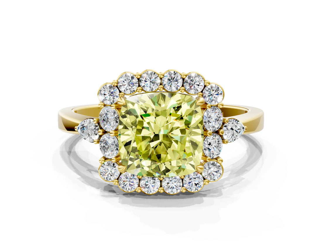 Yellow gold Fancy Yellow Cushion Cut Diamond Halo Ring with Pear Side Stones and Prong Setting_82