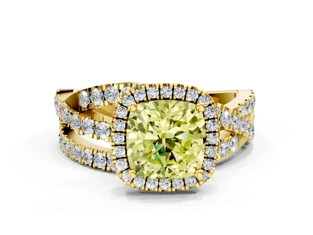 Yellow gold Fancy Yellow Cushion Cut Diamond Halo Ring with Round Split Shank and Prong Setting_36