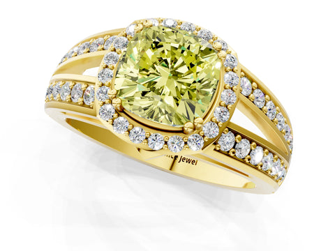 Yellow gold Fancy Yellow Cushion Cut Diamond Halo Ring with Split Shank Pavé Band and Four-Prong Setting_1