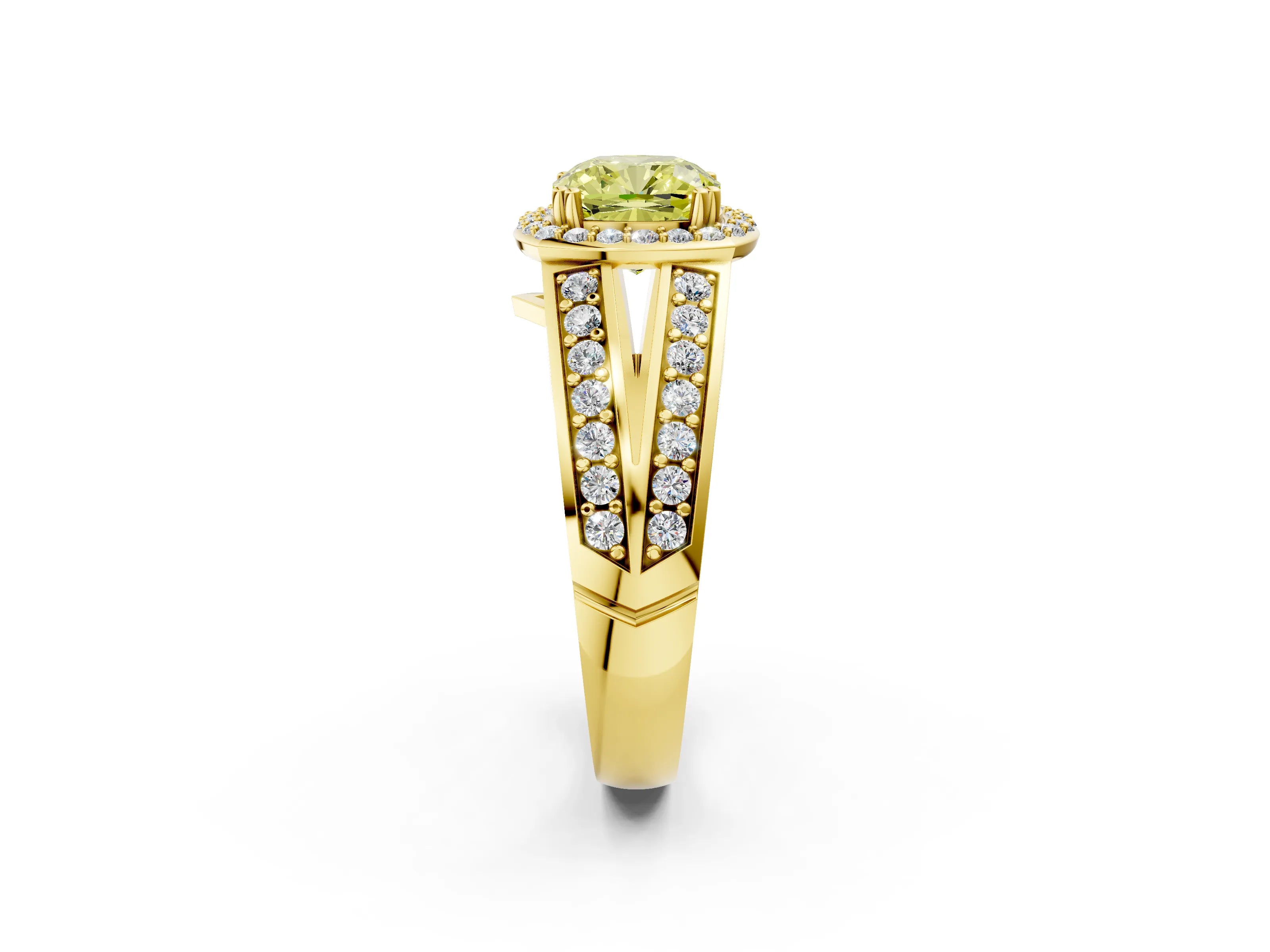Yellow gold Fancy Yellow Cushion Cut Diamond Halo Ring with Split Shank Pavé Band and Four-Prong Setting_2