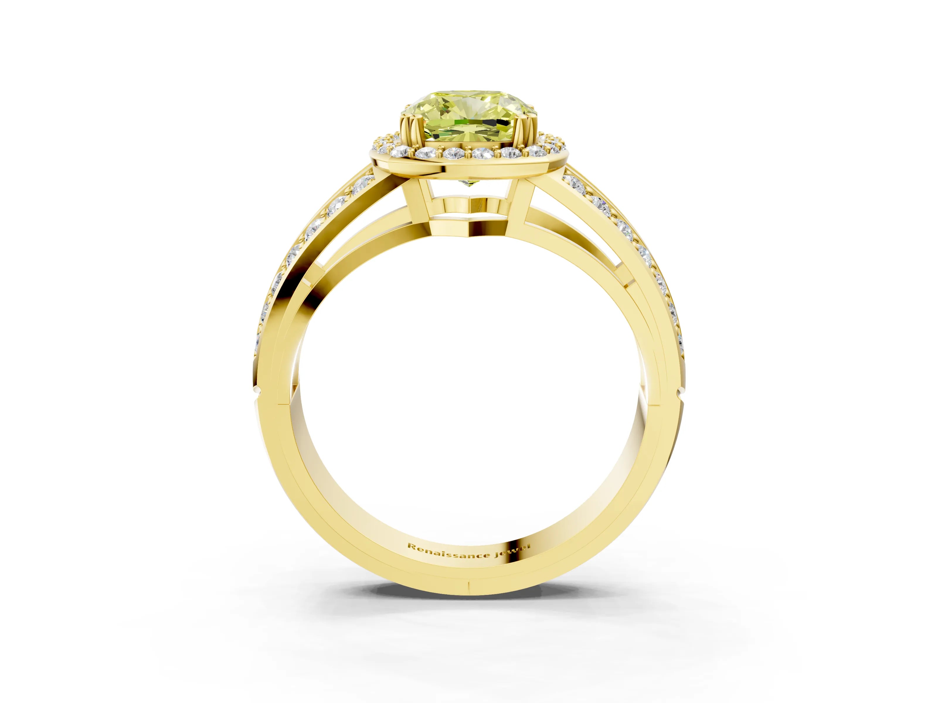 Yellow gold Fancy Yellow Cushion Cut Diamond Halo Ring with Split Shank Pavé Band and Four-Prong Setting_3