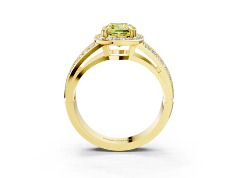 Yellow gold Fancy Yellow Cushion Cut Diamond Halo Ring with Split Shank Pavé Band and Four-Prong Setting_3