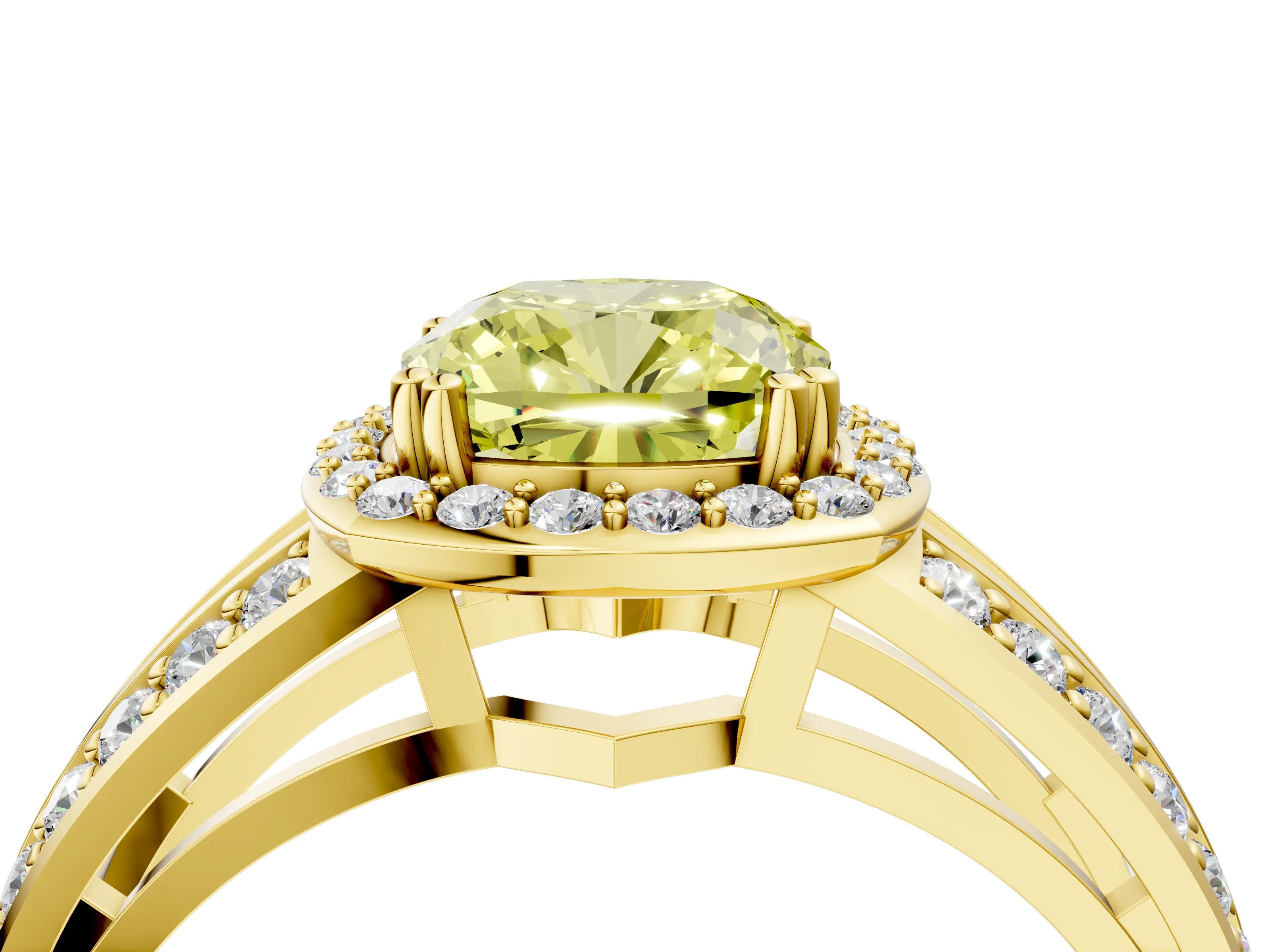 Yellow gold Fancy Yellow Cushion Cut Diamond Halo Ring with Split Shank Pavé Band and Four-Prong Setting_4
