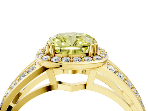 Yellow gold Fancy Yellow Cushion Cut Diamond Halo Ring with Split Shank Pavé Band and Four-Prong Setting_4