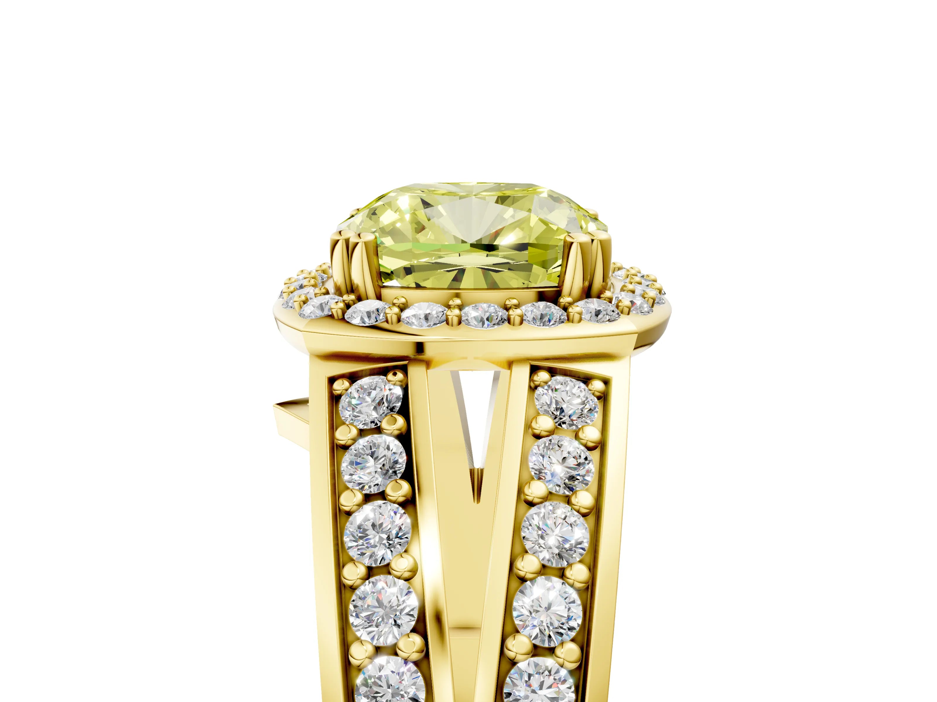 Yellow gold Fancy Yellow Cushion Cut Diamond Halo Ring with Split Shank Pavé Band and Four-Prong Setting_5