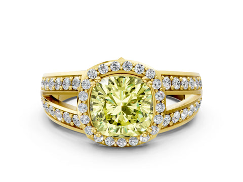 Yellow gold Fancy Yellow Cushion Cut Diamond Halo Ring with Split Shank Pavé Band and Four-Prong Setting