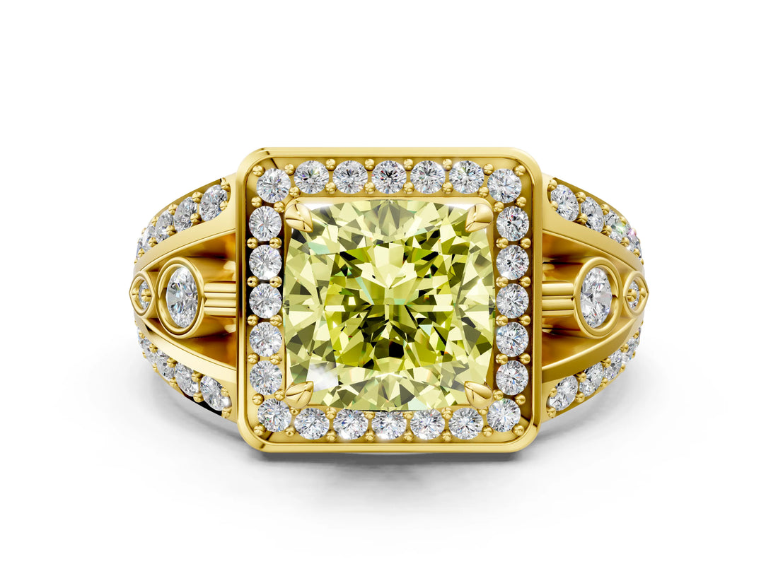 Yellow gold Fancy Yellow Cushion Cut Diamond Halo Ring with Split Shank and Bezel Accents and Four-Prong Setting