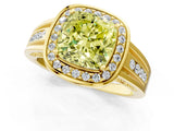 Yellow gold Fancy Yellow Cushion Cut Diamond Halo Ring with Split Shank and Bezel Accents and Prong Setting_1