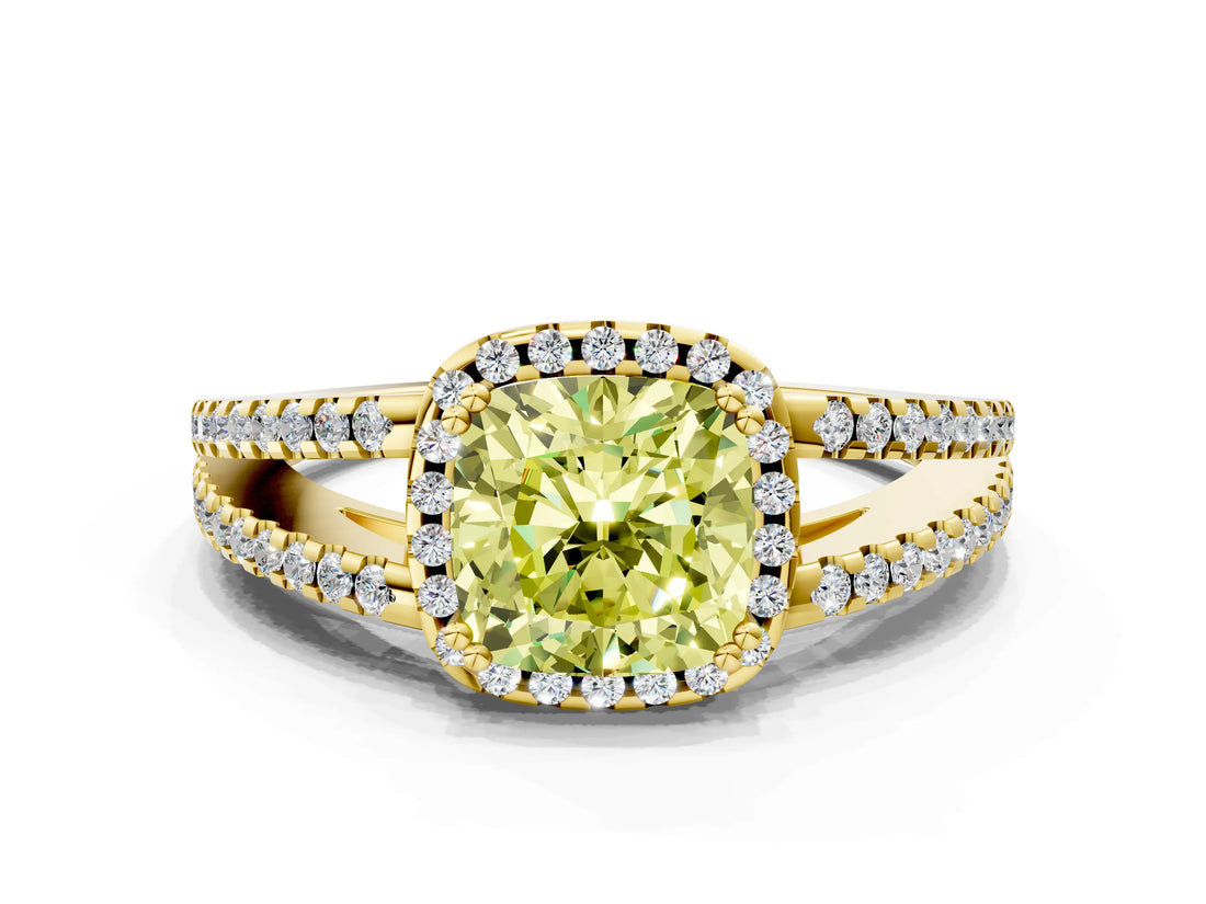 Yellow gold Fancy Yellow Cushion Cut Diamond Halo Split Shank Engagement Ring_39