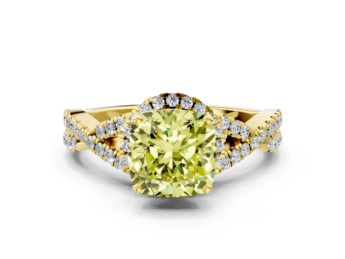 Yellow gold Fancy Yellow Cushion Cut Diamond  Halo Twist Band Solitaire Prong Setting Ring_42