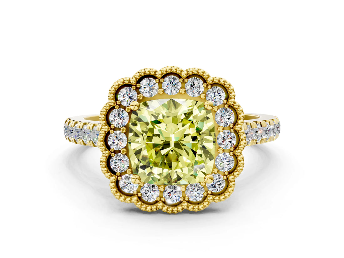 Yellow gold Fancy Yellow Cushion  Cut Diamond Milgrain Floral Halo Engagement Ring with Pavé Band_15