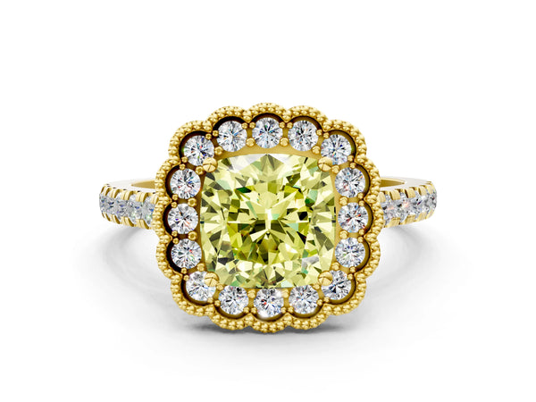 Yellow gold Fancy Yellow Cushion  Cut Diamond Milgrain Floral Halo Engagement Ring with Pavé Band