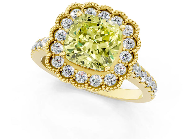 Yellow gold Fancy Yellow Cushion  Cut Diamond Milgrain Floral Halo Engagement Ring with Pavé Band