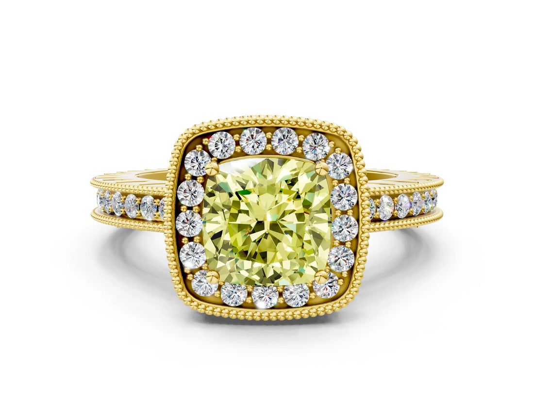 Yellow gold Fancy Yellow Cushion Cut Diamond Milgrain Halo Engagement Ring with Round Pavé Band and Prong Setting_12