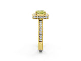 Yellow gold Fancy Yellow Cushion Cut Diamond Milgrain Halo Engagement Ring with Round Pavé Band and Prong Setting_14