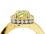 Yellow gold Fancy Yellow Cushion Cut Diamond Milgrain Halo Engagement Ring with Round Pavé Band and Prong Setting_16