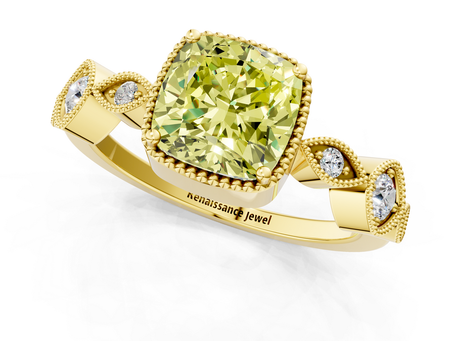 Yellow gold Fancy Yellow Cushion  Cut Diamond Milgrain Marquise Band with Prong Setting