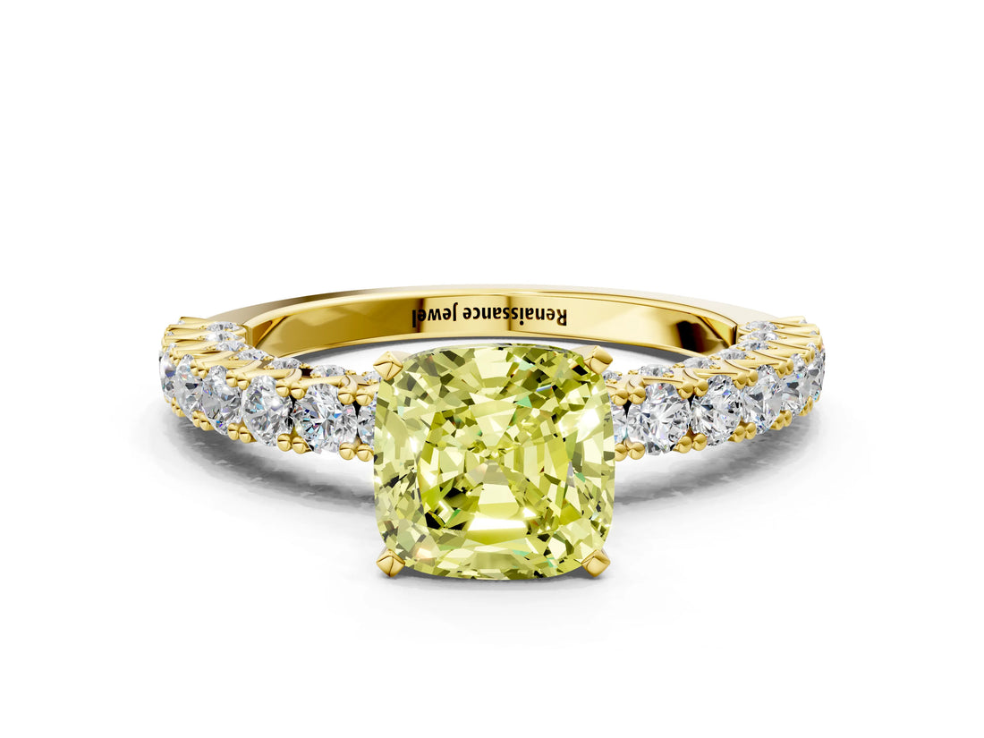 Yellow gold Fancy Yellow Cushion Cut Diamond Pavé Band Solitaire Ring with Prong Setting_64