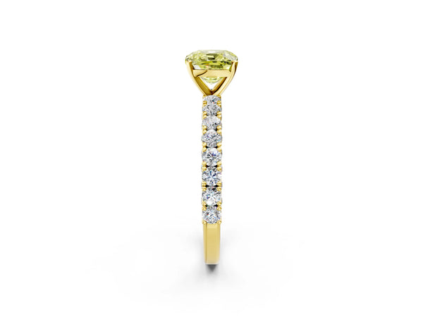 Yellow gold Fancy Yellow Cushion Cut Diamond Pavé Band Solitaire Ring with Prong Setting