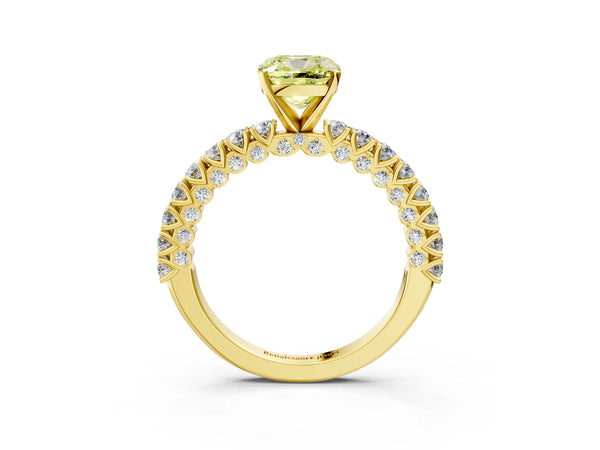 Yellow gold Fancy Yellow Cushion Cut Diamond Pavé Band Solitaire Ring with Prong Setting