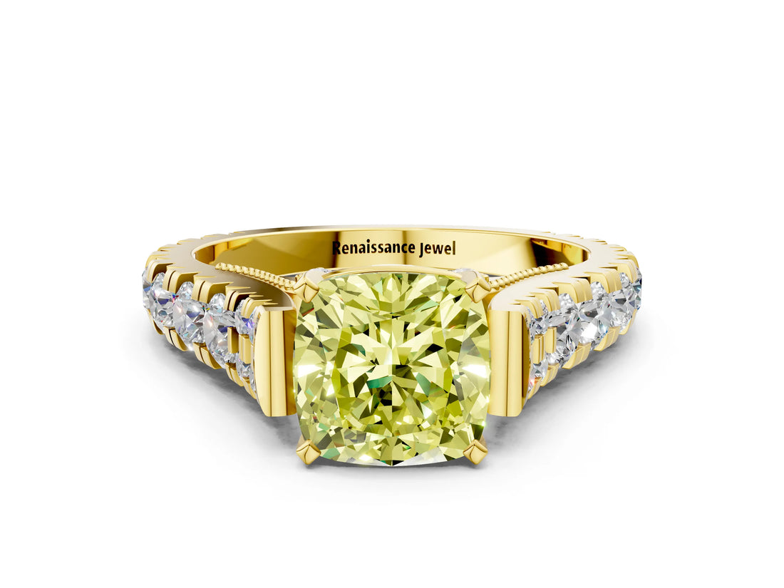 Yellow gold Fancy Yellow Cushion  Cut Diamond Pavé Band Solitaire with Four-Prong Setting_15