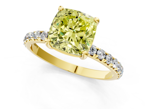 Yellow gold Fancy Yellow Cushion  Cut Diamond Solitaire Ring with Micro Pave Band and Four Prong Setting