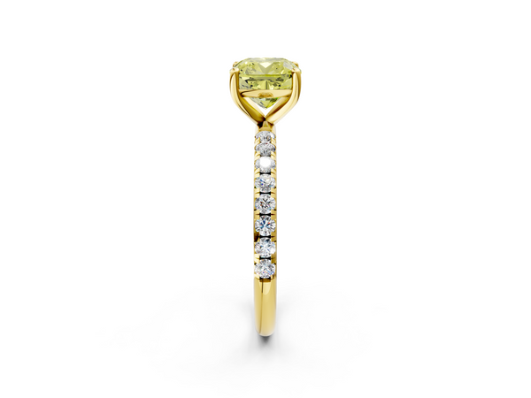Yellow gold Fancy Yellow Cushion  Cut Diamond Solitaire Ring with Micro Pave Band and Four Prong Setting