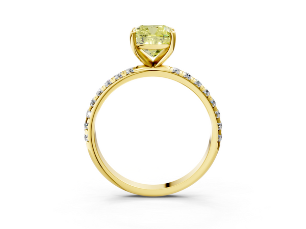 Yellow gold Fancy Yellow Cushion  Cut Diamond Solitaire Ring with Micro Pave Band and Four Prong Setting