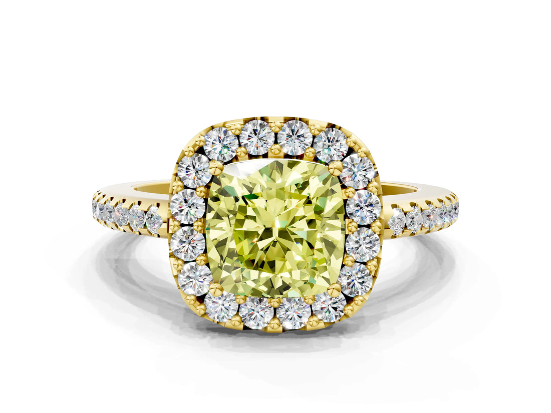Yellow gold Fancy Yellow Cushion Cut Diamond Pavé Halo Ring with Four-Prong Setting_36