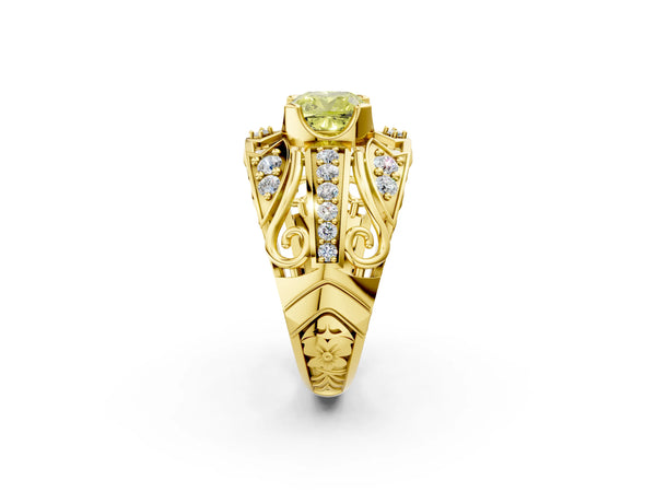 Yellow gold Fancy Yellow Cushion Cut Diamond Pave Art Deco Split Shank Ring with Four-Prong Setting