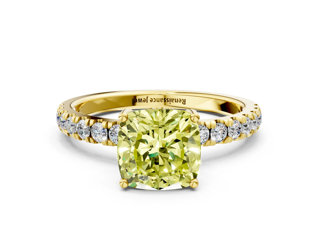 Yellow gold Fancy Yellow Cushion Cut Diamond Pave Band Solitaire Ring with Four-Prong Setting_58