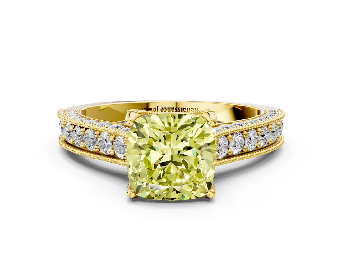 Yellow gold Fancy Yellow Cushion  Cut Diamond Pave Band with Four-Prong Setting_20
