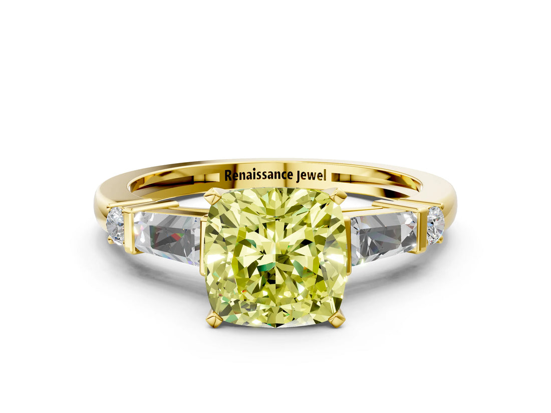 Yellow gold Fancy Yellow Cushion  Cut Diamond Ring with Baguette Side Stones, Channel Set Band, and Four-Prong Setting_24