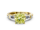 Yellow gold Fancy Yellow Cushion  Cut Diamond Ring with Baguette Side Stones, Channel Set Band, and Four-Prong Setting_24